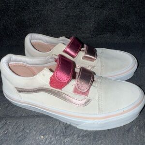 EUC Vans Kids Cream and Pink Velcro Sneakers